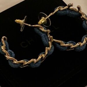 Brand new rare and collectible limited edition denim hoops larger earrings.Must!